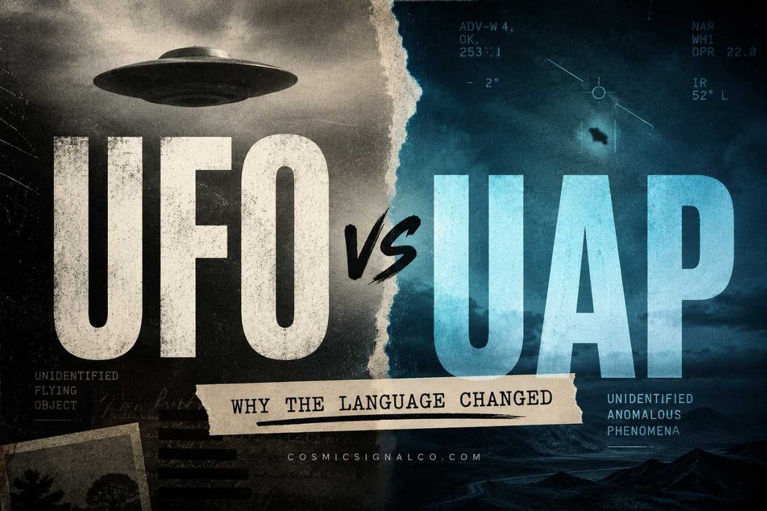 UFO vs UAP: Why the Language Changed — Cosmic Signal Co. banner image showing a vintage flying saucer on the left and a modern UAP sensor view on the right, divided by a torn paper edge