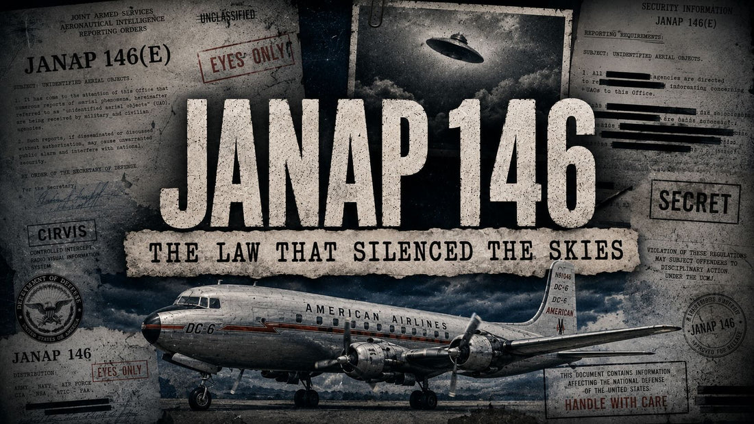 Hero graphic for an article titled JANAP 146: The Law That Silenced the Skies, showing a vintage American Airlines DC-6 airliner against a collage of redacted military UFO reporting documents and a flying saucer.