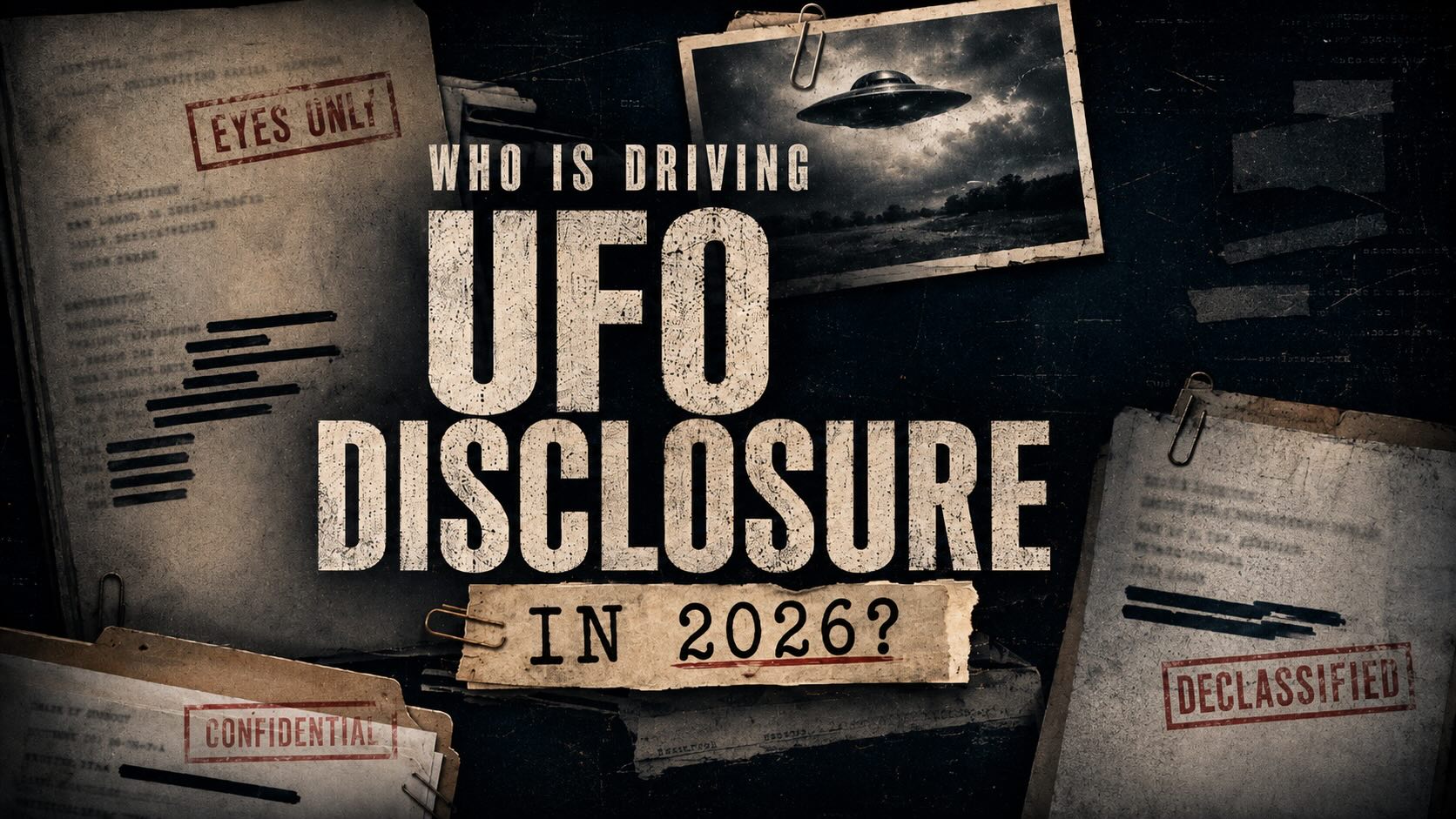 Distressed document collage hero image for an article on who is driving UFO disclosure in 2026, with declassified file motifs and a vintage UFO photograph.