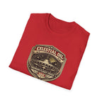 Celestial Oil UFO patch t-shirt with saucer on vintage motor oil label badge, folded, red