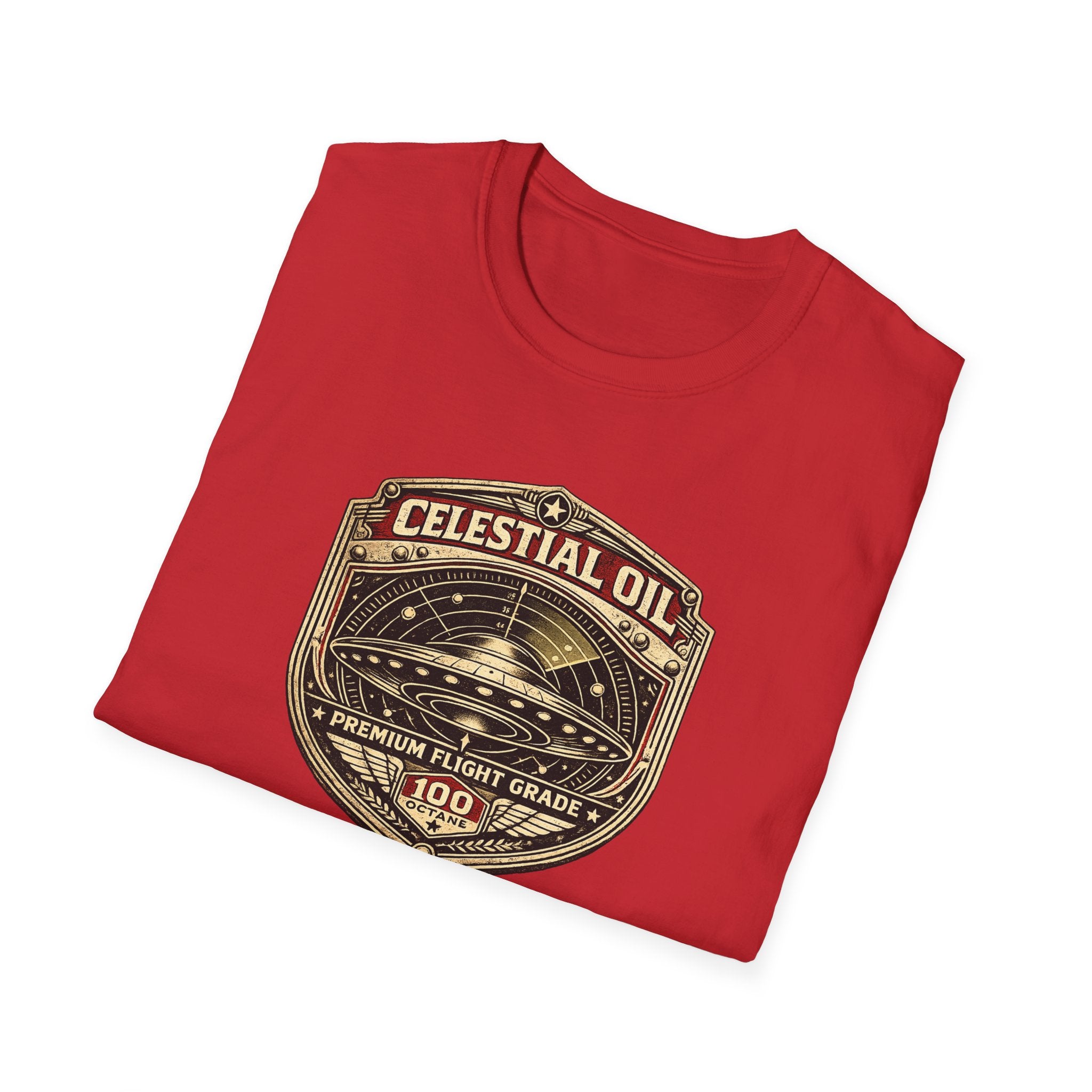 Celestial Oil UFO patch t-shirt with saucer on vintage motor oil label badge, folded, red
