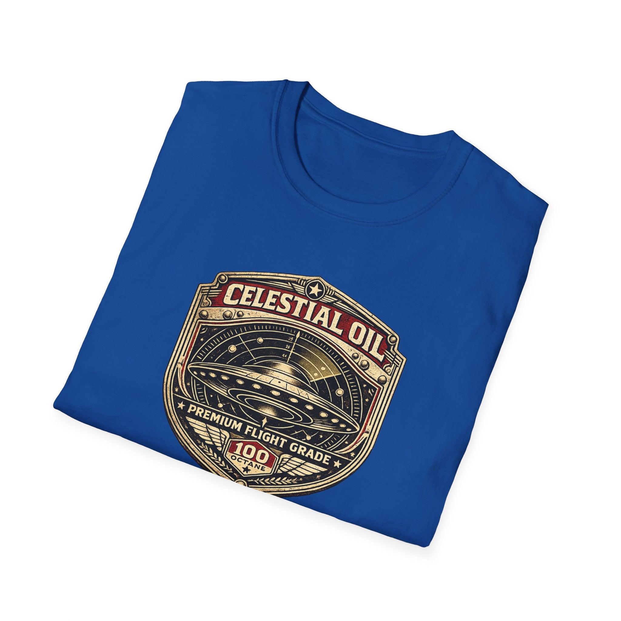 Celestial Oil UFO patch t-shirt with saucer on vintage motor oil label badge, folded, blue