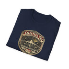 Celestial Oil UFO patch t-shirt with saucer on vintage motor oil label badge, navy blue