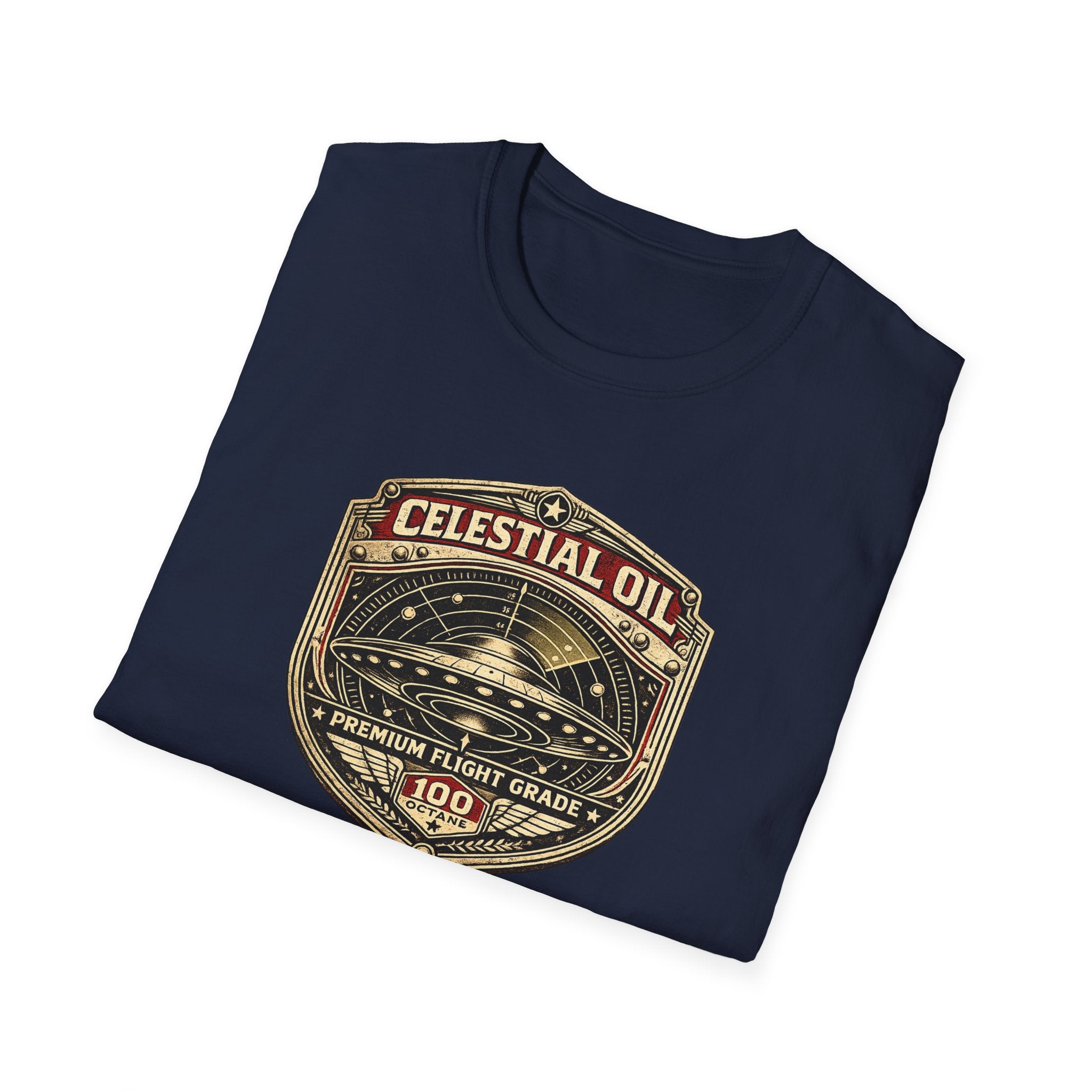 Celestial Oil UFO patch t-shirt with saucer on vintage motor oil label badge, navy blue