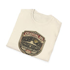 Celestial Oil UFO patch t-shirt with saucer on vintage motor oil label badge, folded, natural