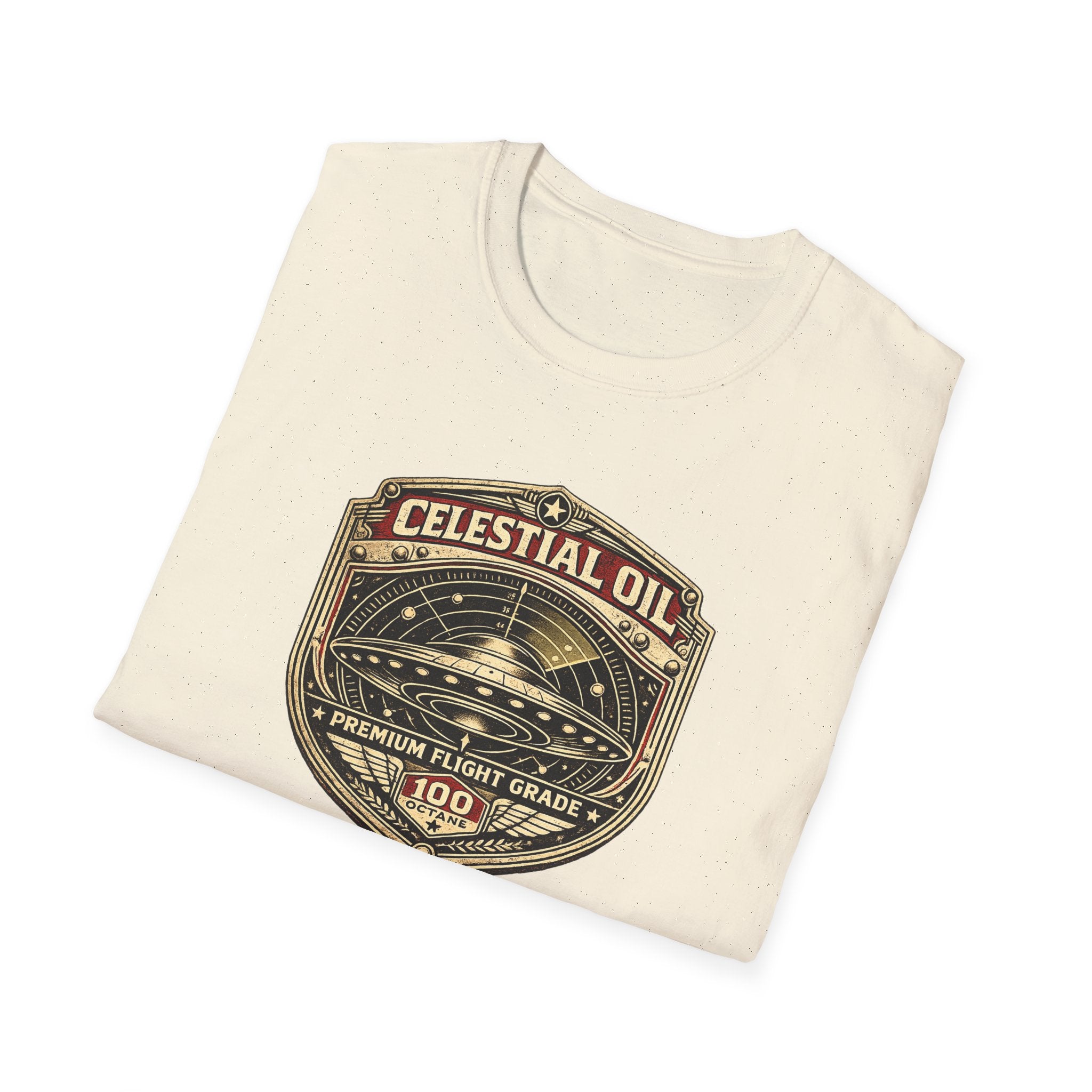Celestial Oil UFO patch t-shirt with saucer on vintage motor oil label badge, folded, natural