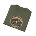 Celestial Oil UFO patch t-shirt with saucer on vintage motor oil label badge, military green