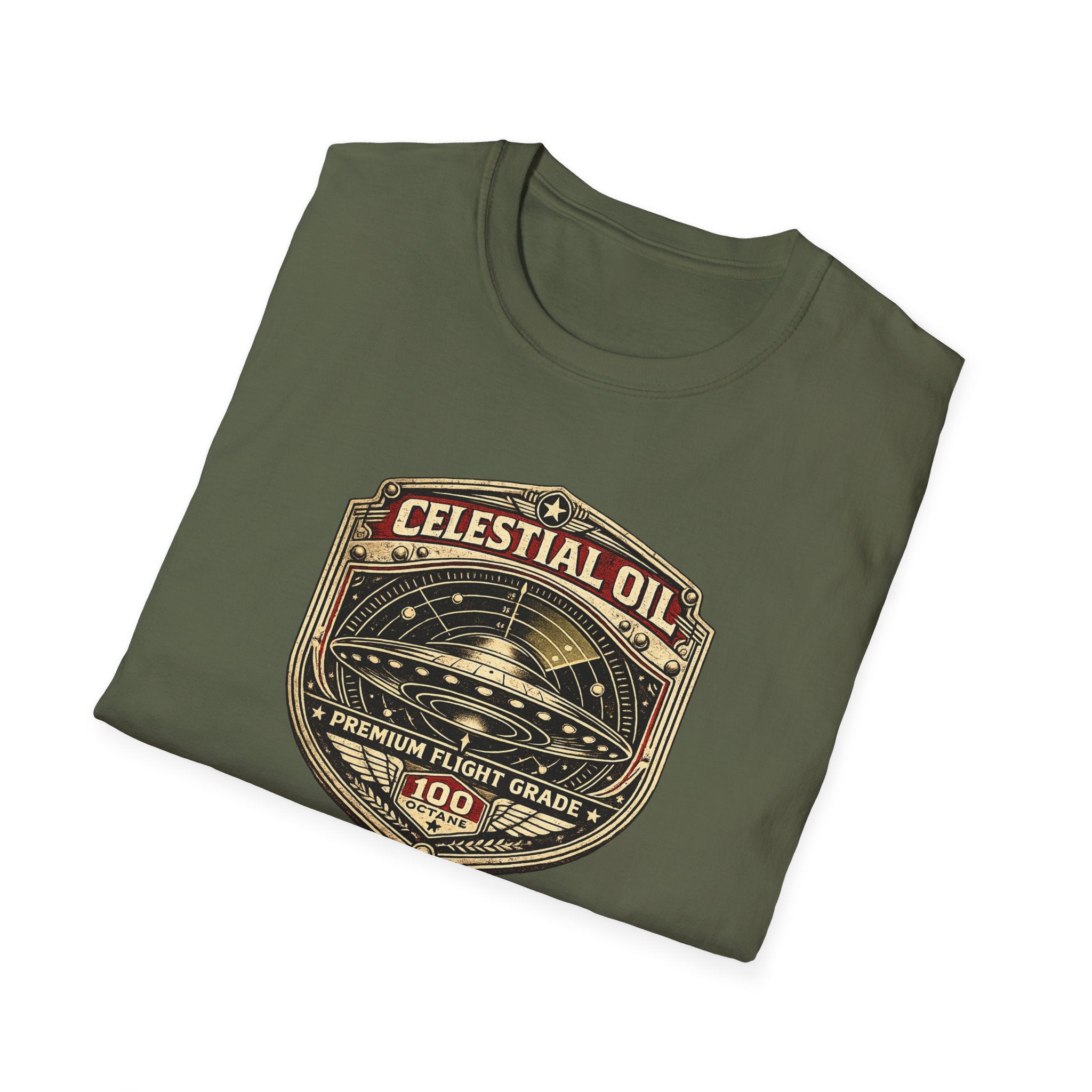 Celestial Oil UFO patch t-shirt with saucer on vintage motor oil label badge, military green