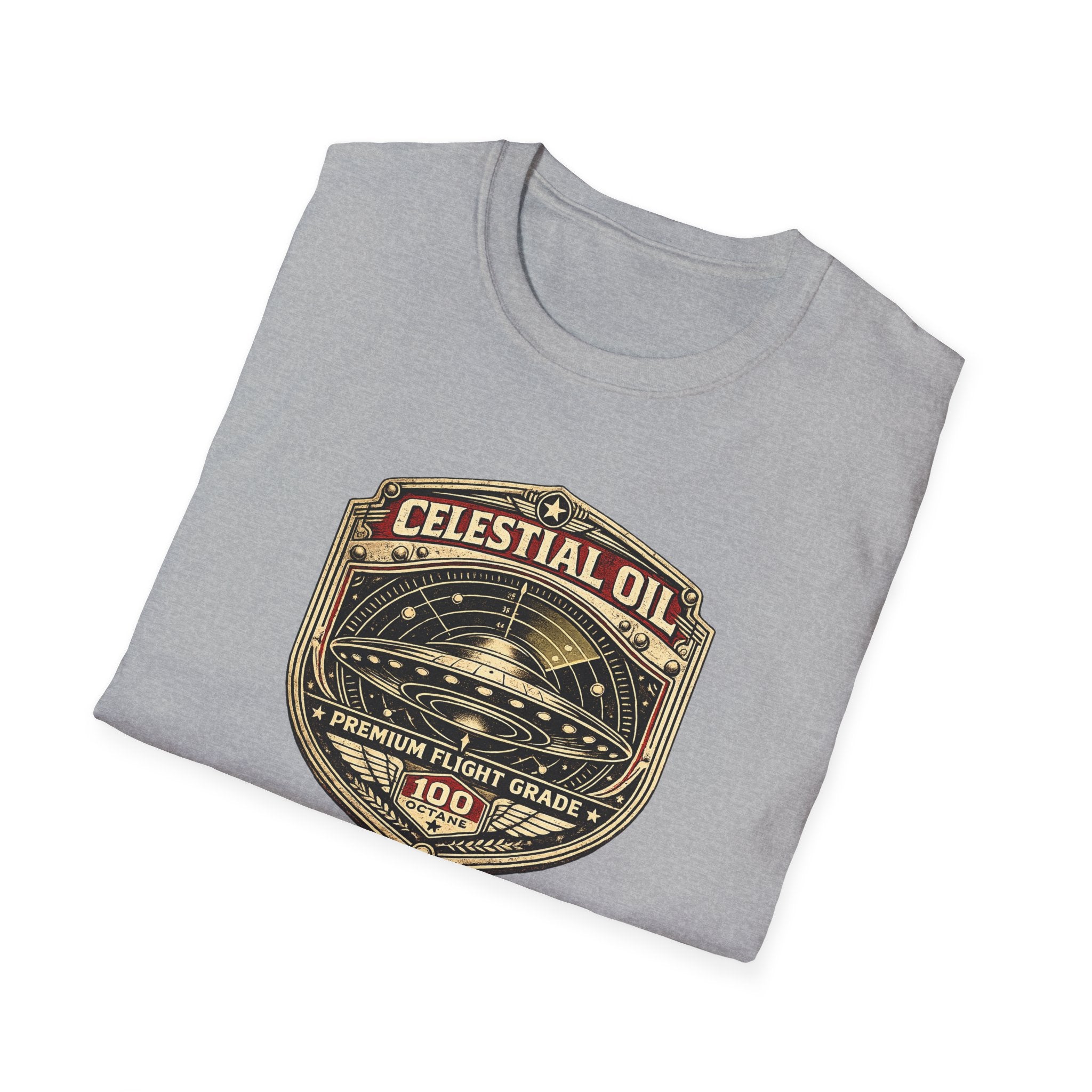 Celestial Oil UFO patch t-shirt with saucer on vintage motor oil label badge, grey