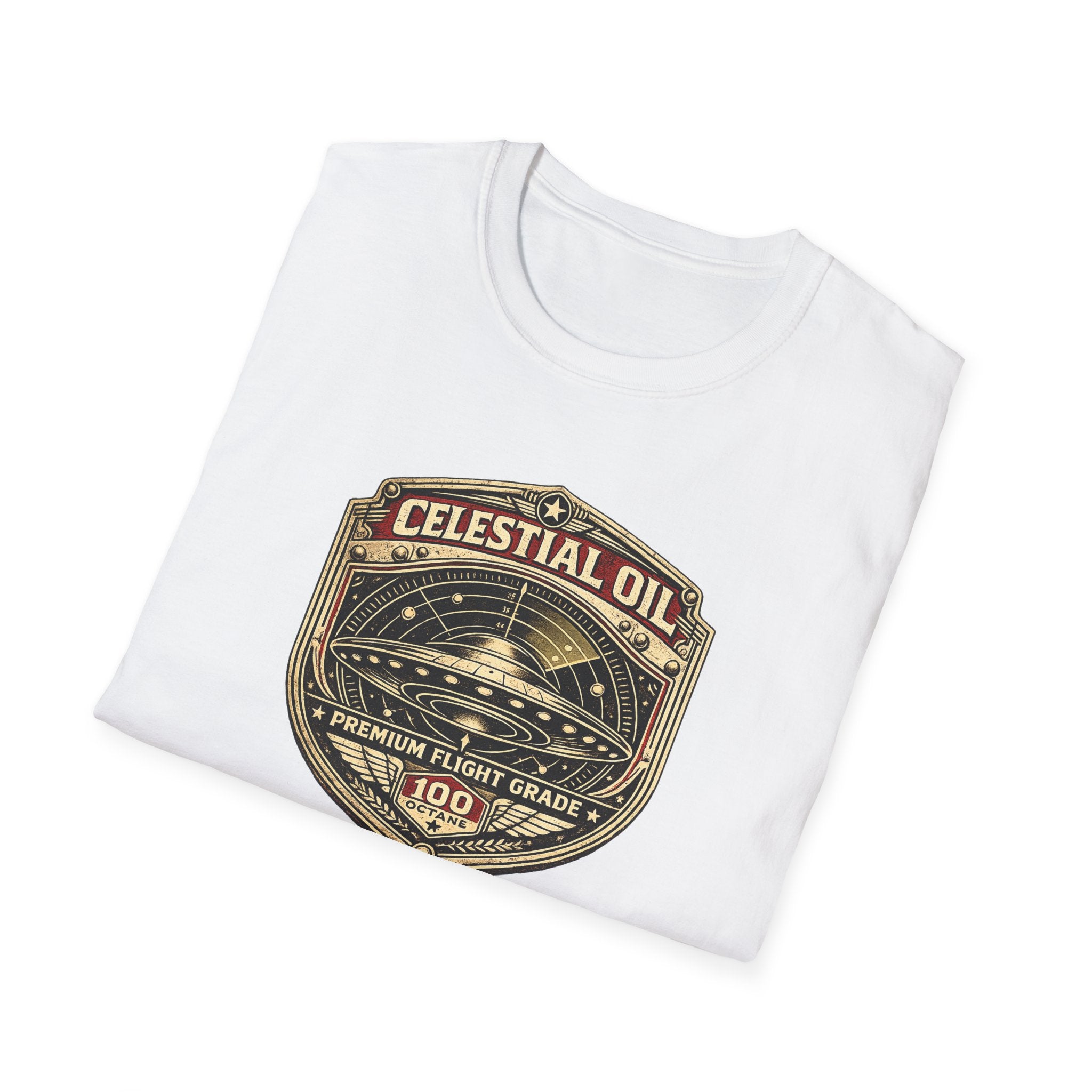 Celestial Oil UFO patch t-shirt with saucer on vintage motor oil label badge, folded, white