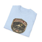 Celestial Oil UFO patch t-shirt with saucer on vintage motor oil label badge, folded, light blue