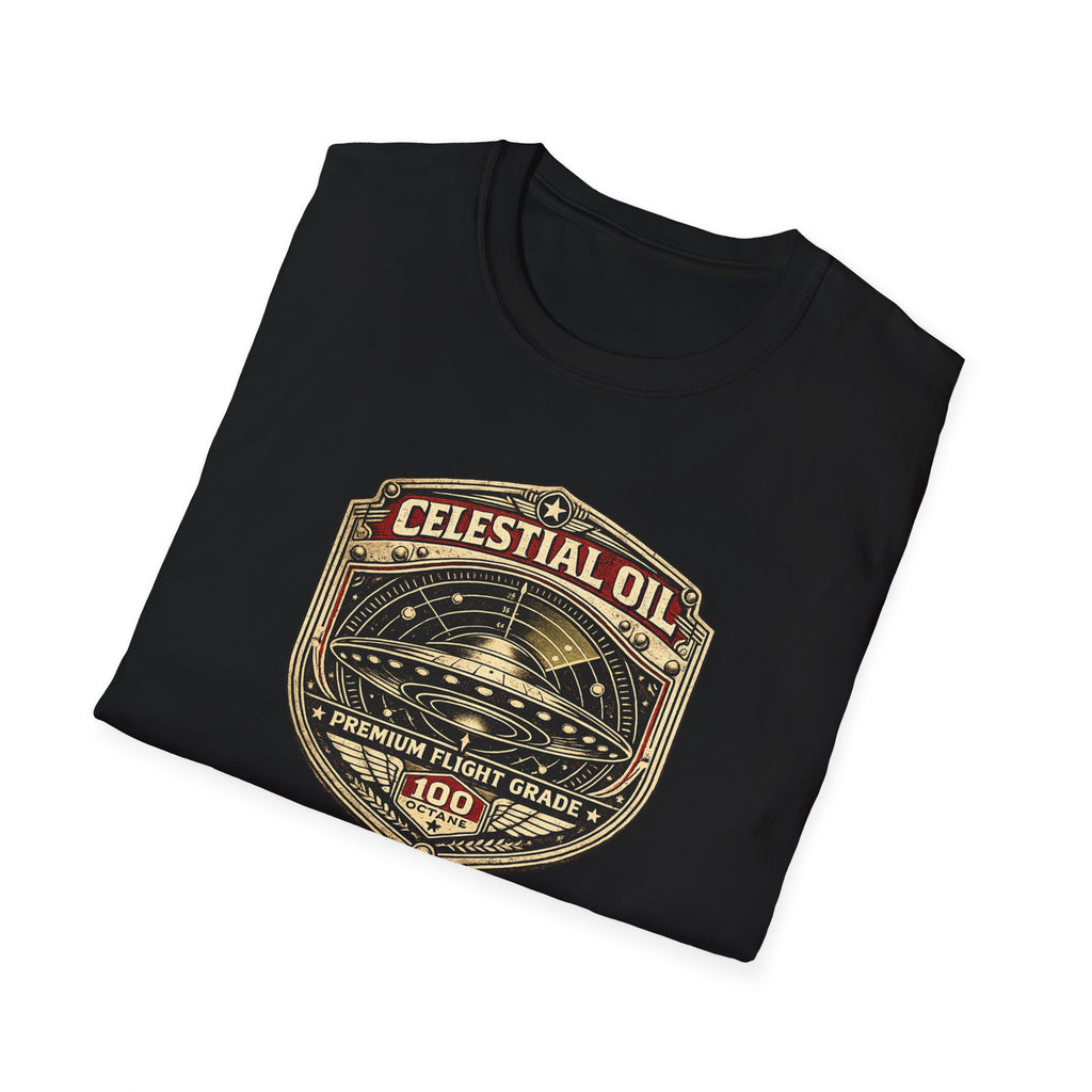 Celestial Oil UFO patch t-shirt with saucer on vintage motor oil label badge, black