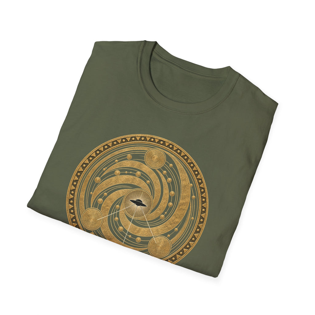t-shirt with gold concentric sacred geometry circle and UFO at centre and Bronze Age Signal Wiltshire caption, military green