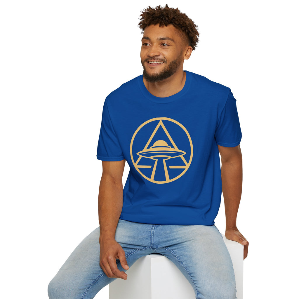 UFO apex t-shirt with gold geometric emblem of a saucer beaming light inside a triangle and circle, royal blue, worn by model