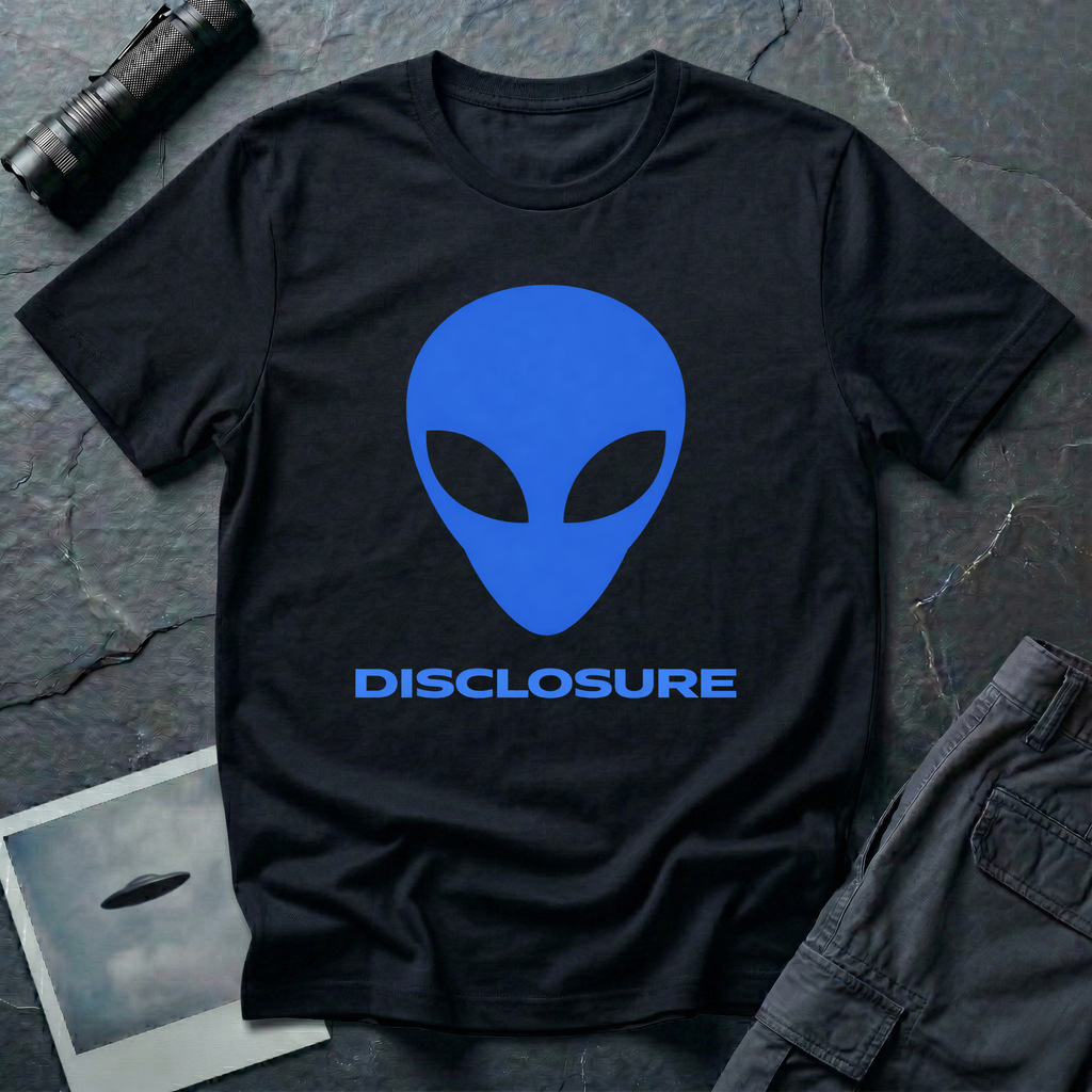 Alien Disclosure grey alien t-shirt — classic bulbous-head alien with almond eyes in electric blue on black unisex cotton tee
