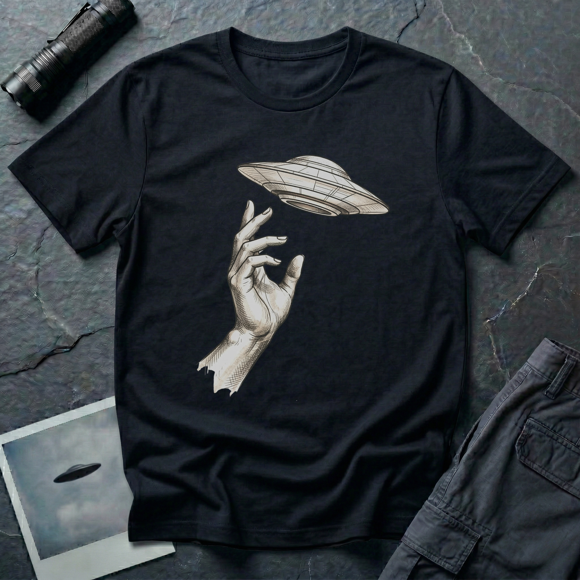 Da Vinci's UFO Renaissance t-shirt — classical ink sketch of a hand reaching for a flying saucer on black unisex cotton tee