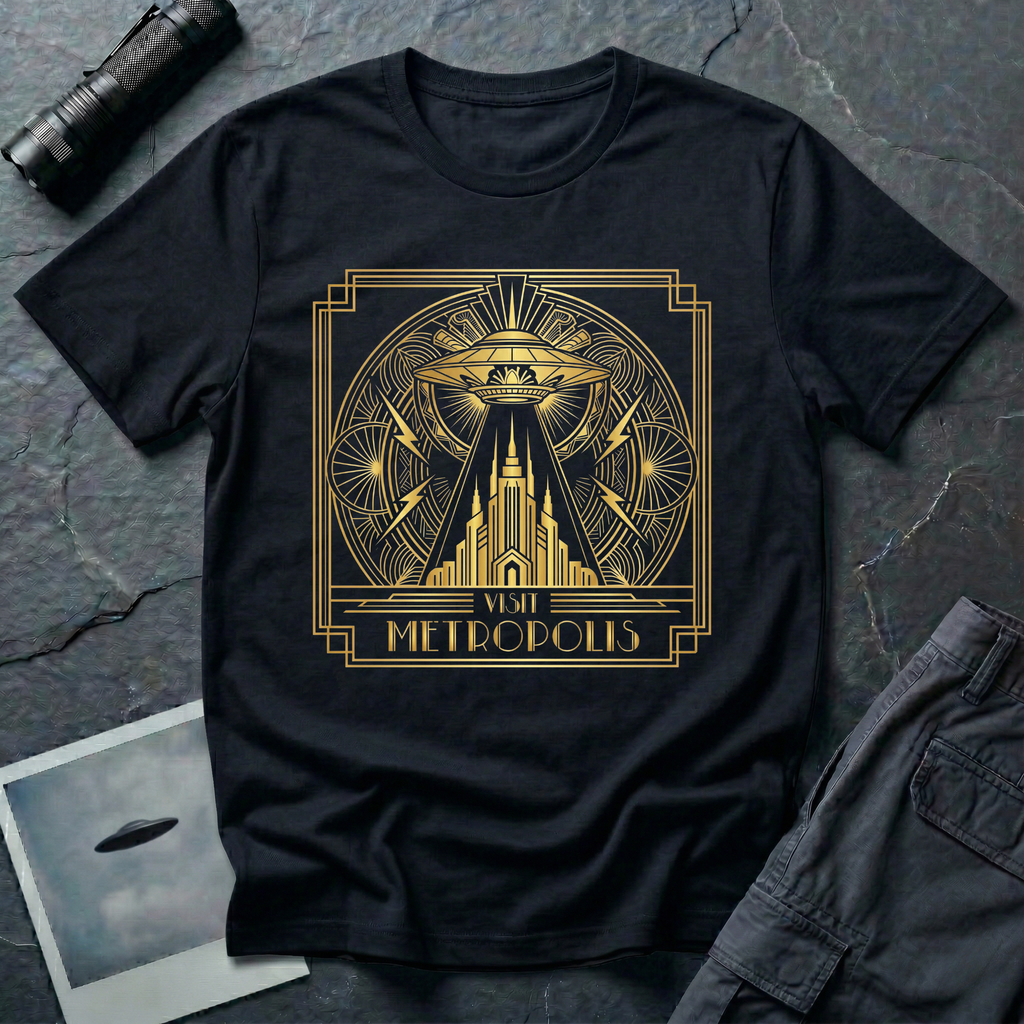 Visit Metropolis Art Deco city UFO t-shirt — gold saucer beaming over stepped skyscrapers and lightning bolts in Deco frame on black cotton tee