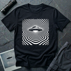 ypnotic op art UFO t-shirt — classic flying saucer at centre of rippling concentric wave-lines distorting around the craft in white on black cotton tee