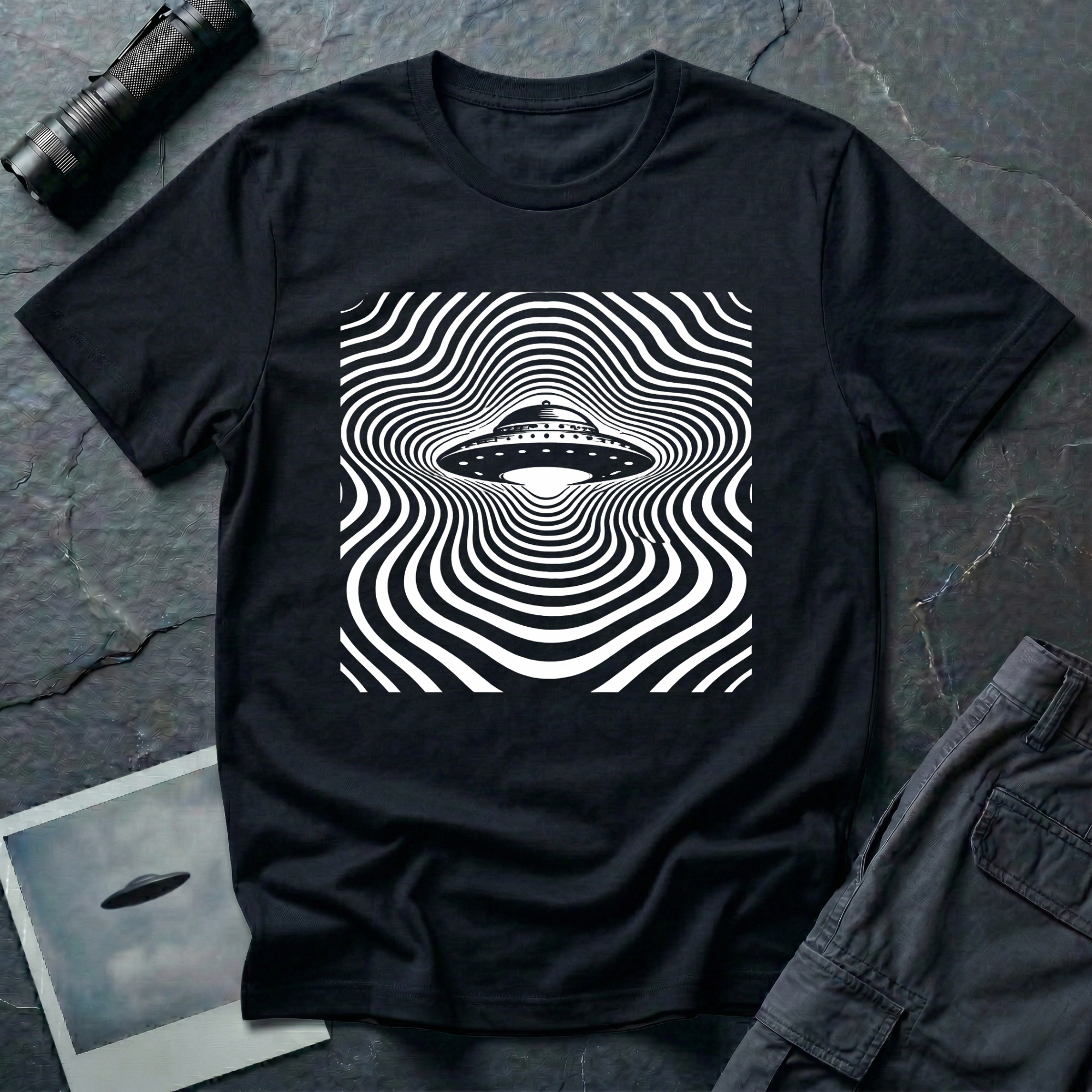 ypnotic op art UFO t-shirt — classic flying saucer at centre of rippling concentric wave-lines distorting around the craft in white on black cotton tee