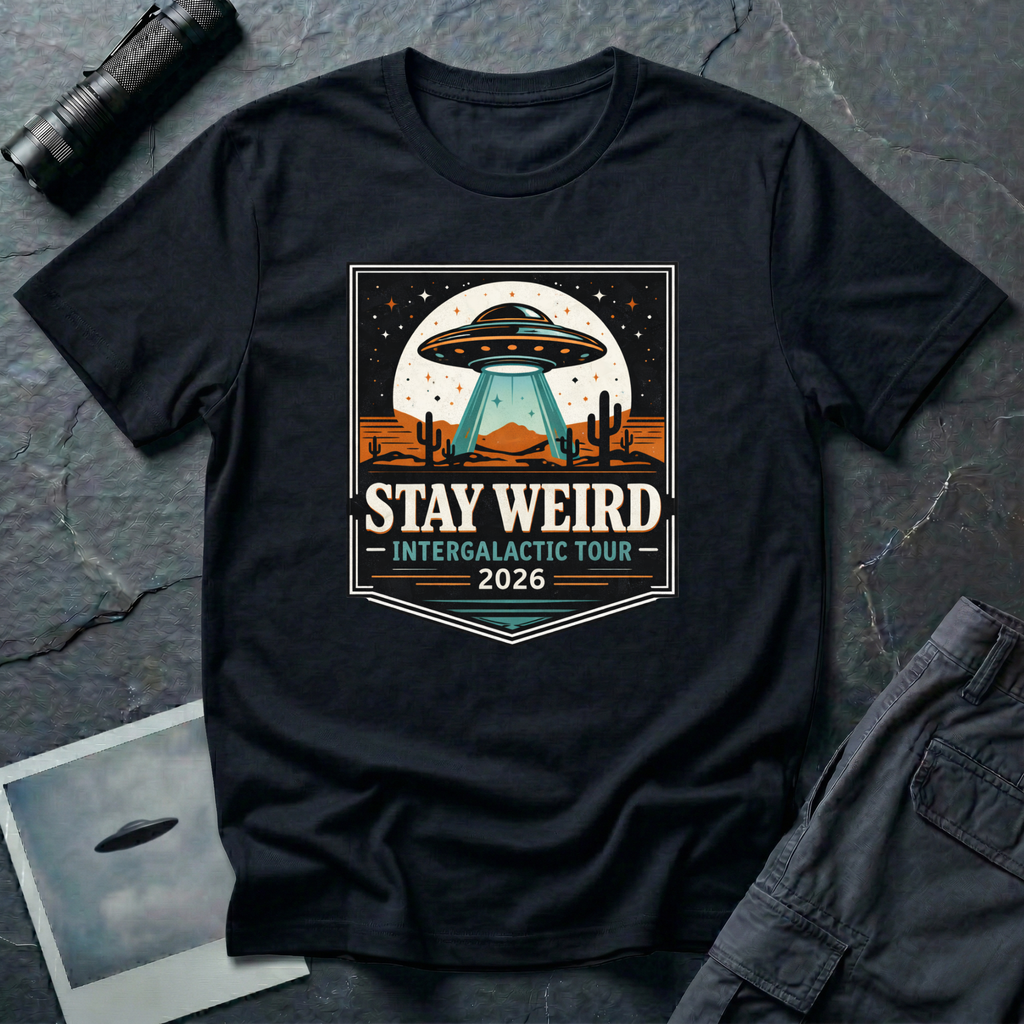 Stay Weird desert UFO t-shirt — tour-poster badge with flying saucer over desert landscape and cacti on black cotton tee