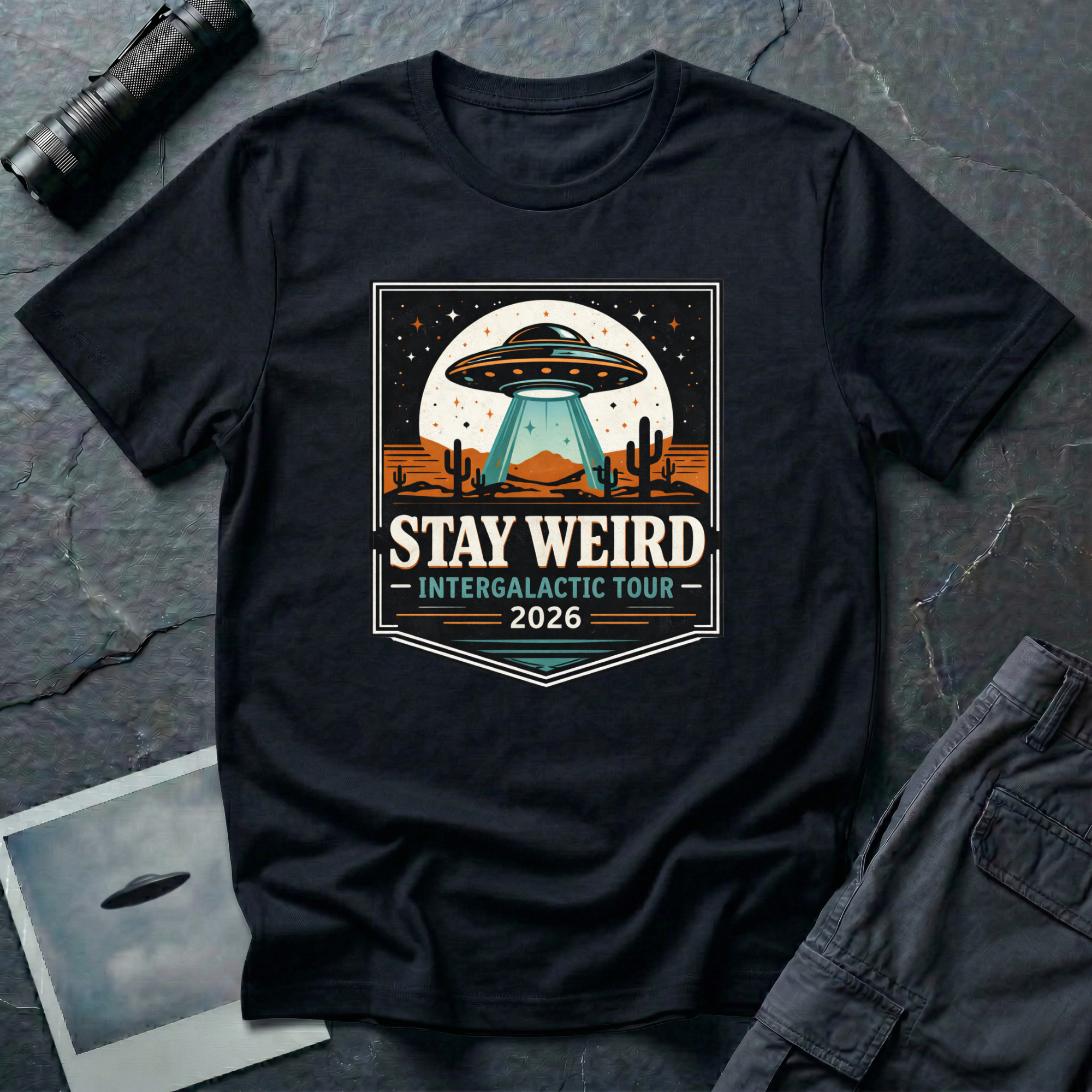 Stay Weird desert UFO t-shirt — tour-poster badge with flying saucer over desert landscape and cacti on black cotton tee