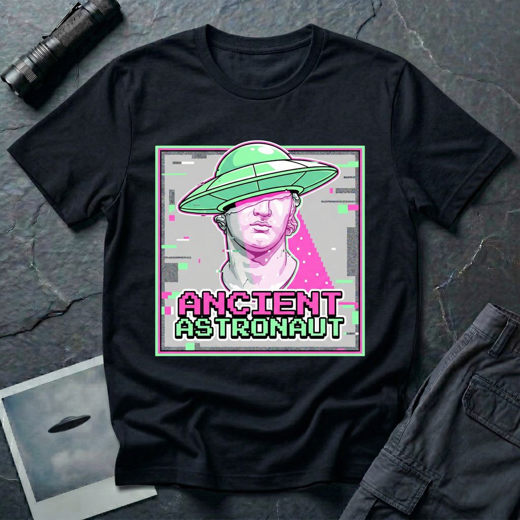 Ancient Astronaut vaporwave UFO t-shirt — classical Greek Roman marble bust statue in pink and purple with bright green flying saucer on head, digital glitch effects, gray distortion bars, and pixelated "ANCIENT ASTRONAUT" text in magenta and green on black cotton tee