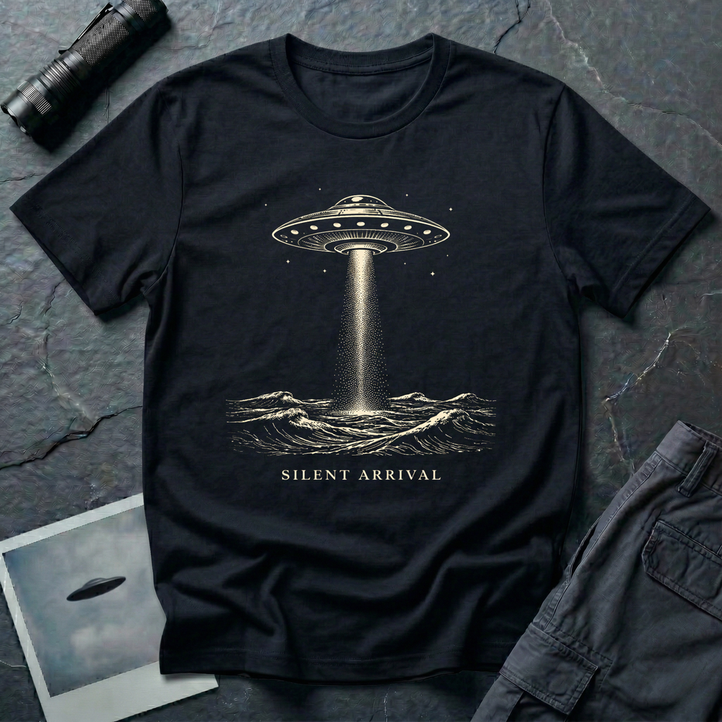 Silent Arrival ocean UFO t-shirt — flying saucer hovering over ocean waves with light beam on black unisex cotton tee
