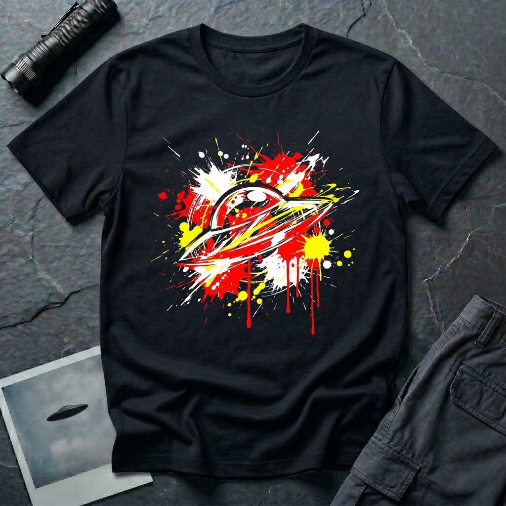 Crash Landing street art UFO t-shirt — flying saucer in explosive red, yellow, and white paint splatter with drips on black cotton tee