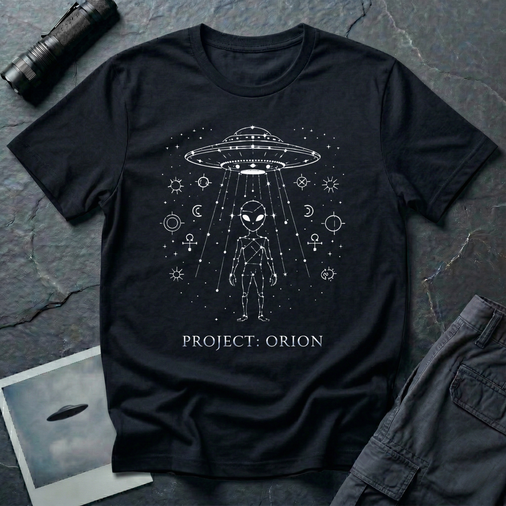Project Orion experiencer UFO t-shirt — humanoid figure drawn as constellation with flying saucer above and esoteric sigils in white linework on black cotton tee