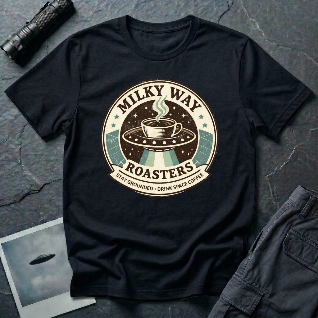 Milky Way Roasters coffee UFO t-shirt — vintage roaster badge with steaming cup on flying saucer and "Stay Grounded Drink Space Coffee" tagline on black cotton tee