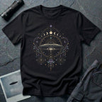 Black t-shirt with a celestial mandala UFO design featuring lunar phase sequence lotus flower seed of life geometry and central saucer in gold lavender and teal linework
