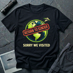 Return To Sender flying saucer t-shirt — UFO leaving Earth with red "return to sender" stamp across the planet and "Sorry we visited" tagline on black cotton tee
