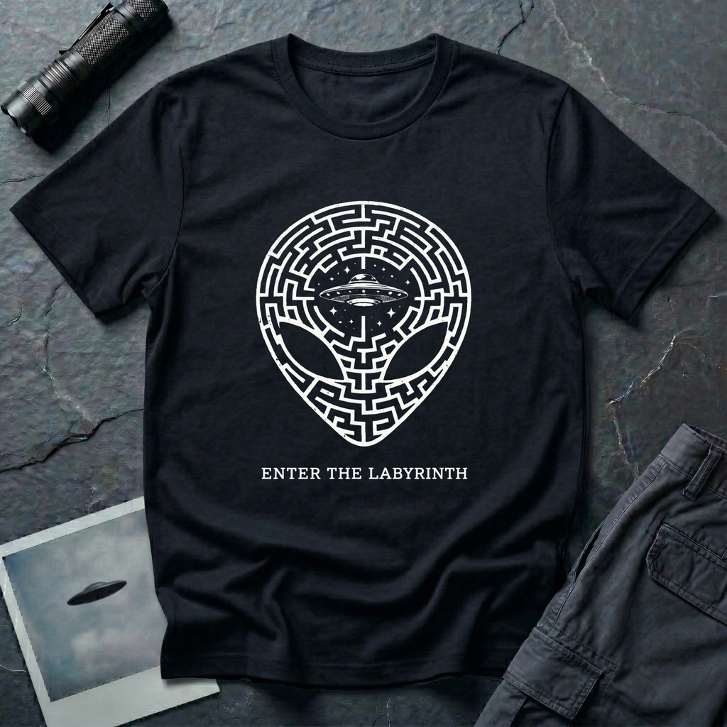Enter The Labyrinth esoteric alien t-shirt — grey alien head filled with maze pattern and a flying saucer at the third eye in cream line-work on black cotton tee