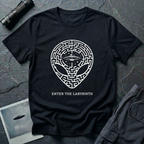 Enter The Labyrinth esoteric alien t-shirt — grey alien head filled with maze pattern and a flying saucer at the third eye in cream line-work on black cotton tee