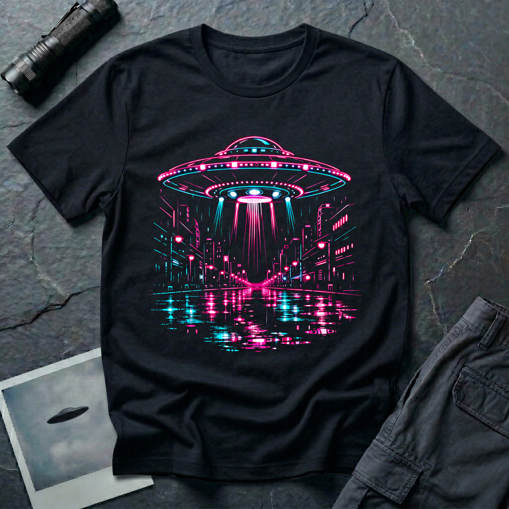 Cyberpunk City UFO t-shirt — classic flying saucer in glowing magenta and cyan neon outlines above a dystopian city skyline with skyscrapers, street lamps, beams of light, and rain-slick reflective street on black cotton tee