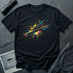 Paint Shards abstract UFO t-shirt — flying saucer bursting into magenta, cyan, yellow, and teal paint shards on black cotton tee