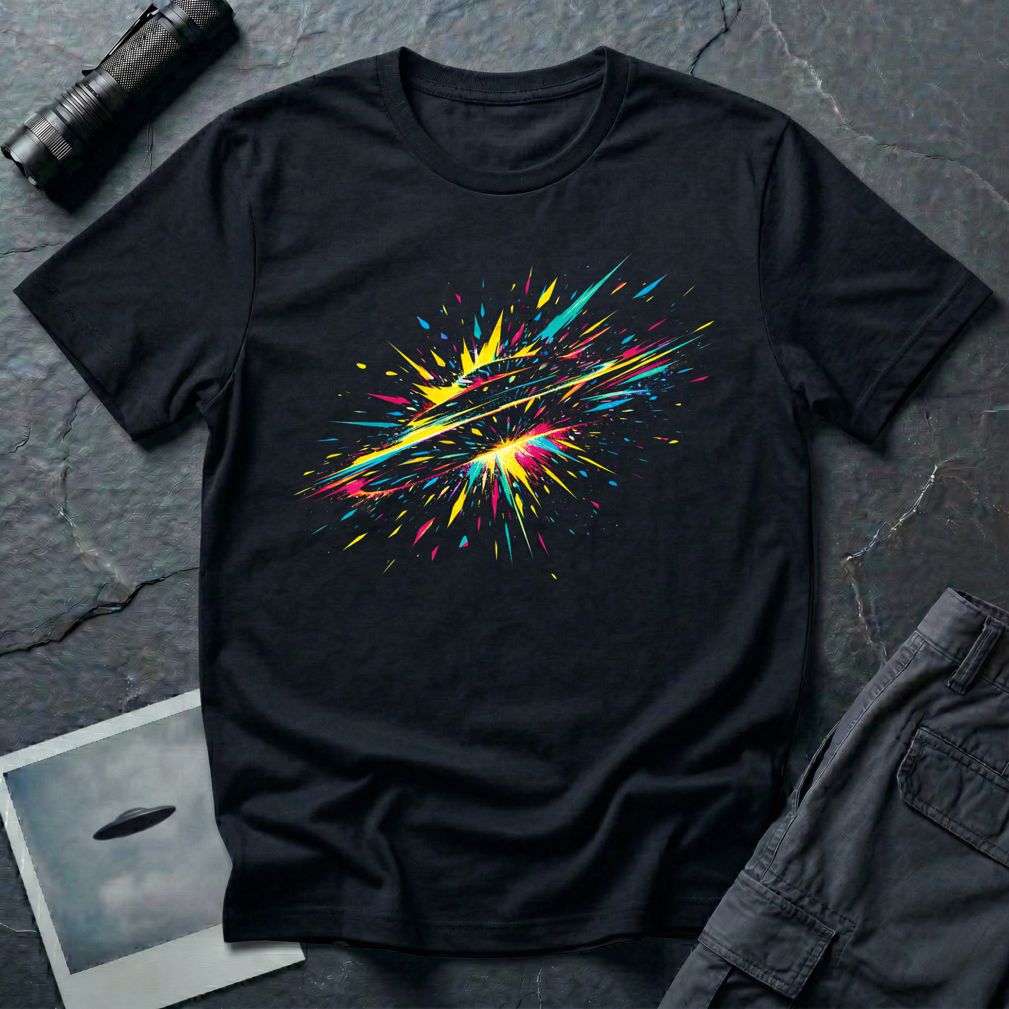 Paint Shards abstract UFO t-shirt — flying saucer bursting into magenta, cyan, yellow, and teal paint shards on black cotton tee