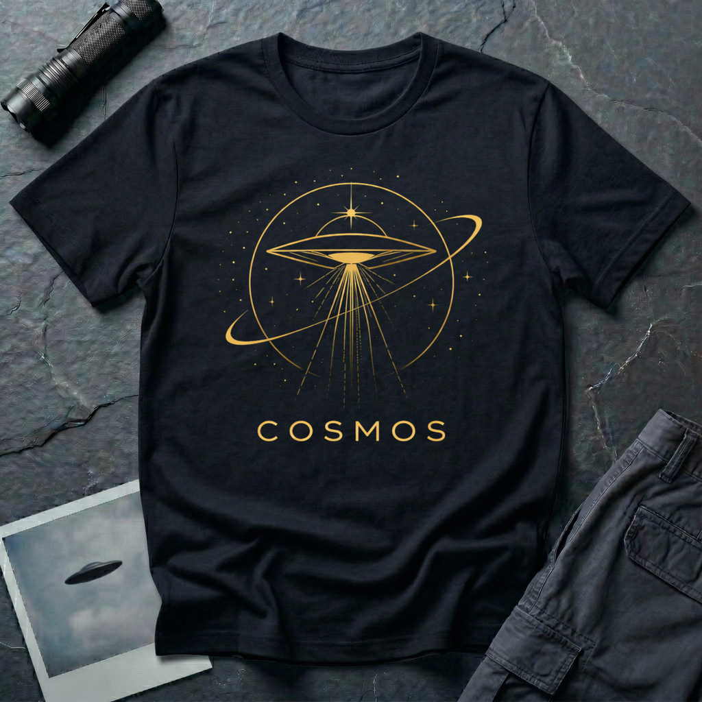 Cosmos cosmic UFO t-shirt — gold line-drawn flying saucer inside orbital planetary rings on black unisex cotton tee
