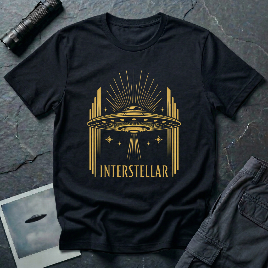 Interstellar Art Deco UFO t-shirt — flying saucer with stepped skyscraper verticals and sunburst rays in gold on black cotton tee