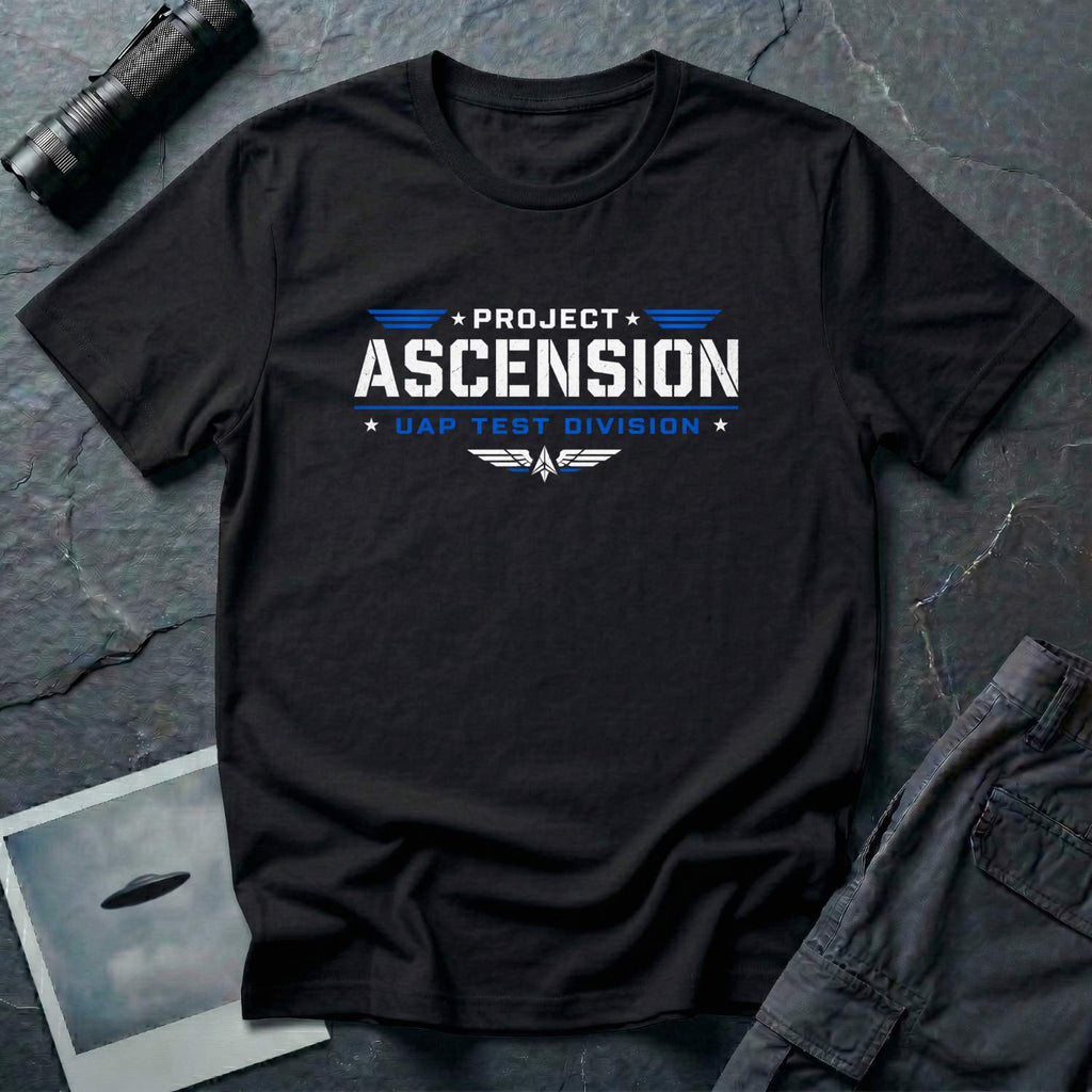 Black t-shirt with PROJECT ASCENSION UAP TEST DIVISION military stencil lettering in white and blue with winged delta emblem