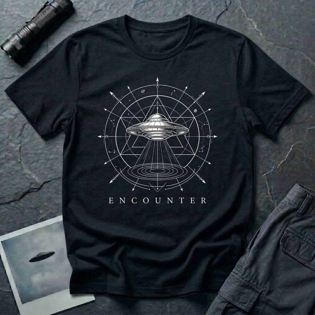 Encounter zodiac UFO t-shirt — flying saucer inside zodiac star chart and cosmological diagram in white on black cotton tee