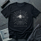Encounter zodiac UFO t-shirt — flying saucer inside zodiac star chart and cosmological diagram in white on black cotton tee