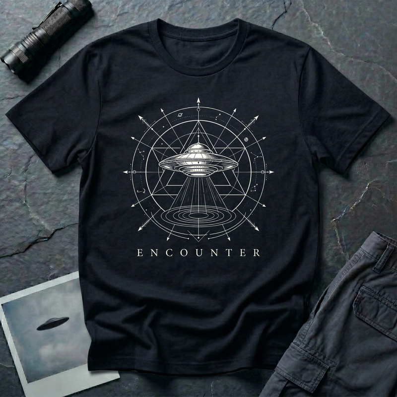 Encounter zodiac UFO t-shirt — flying saucer inside zodiac star chart and cosmological diagram in white on black cotton tee