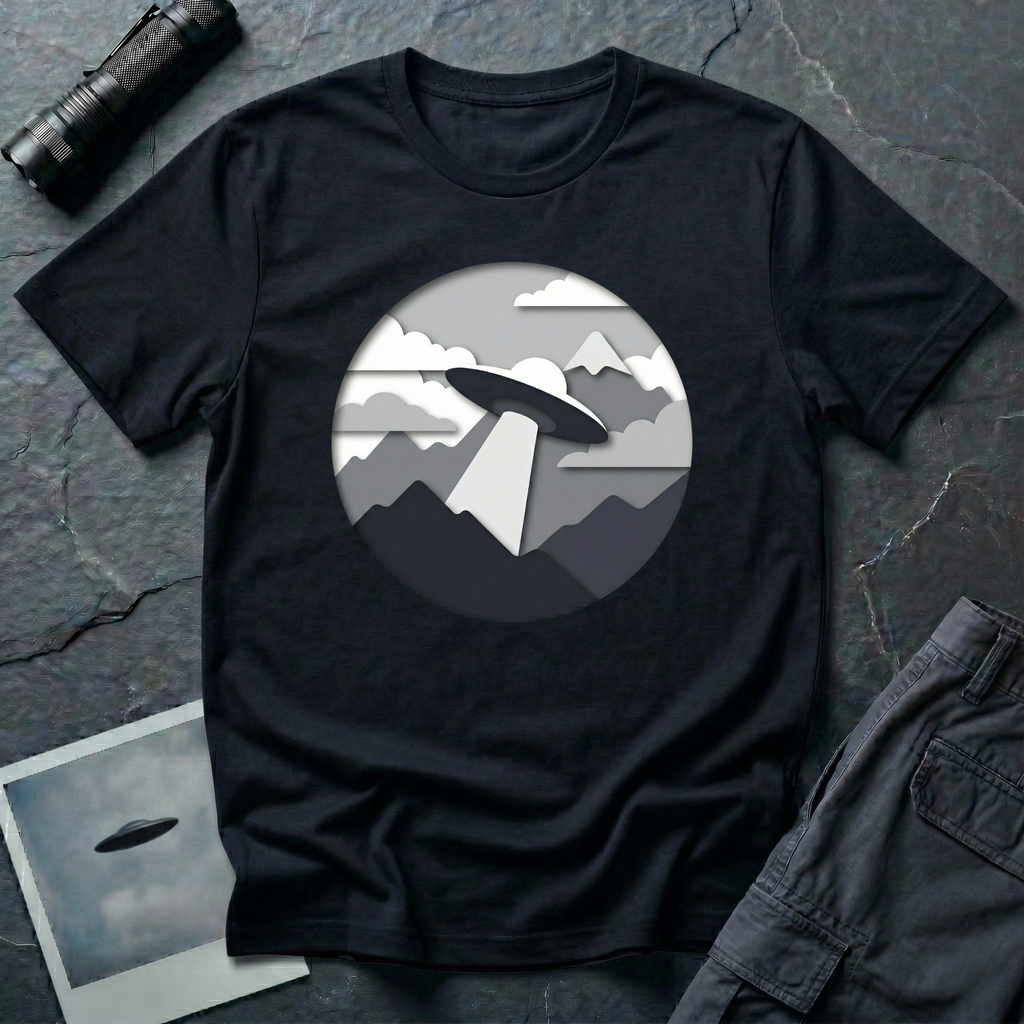 Papercut UFO t-shirt — layered paper-craft illustration of flying saucer over mountains and clouds in grey monochrome on black cotton tee