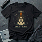 Transcendence spiritual UFO t-shirt — meditating figure with Flower of Life and flying saucer beam on black unisex cotton tee