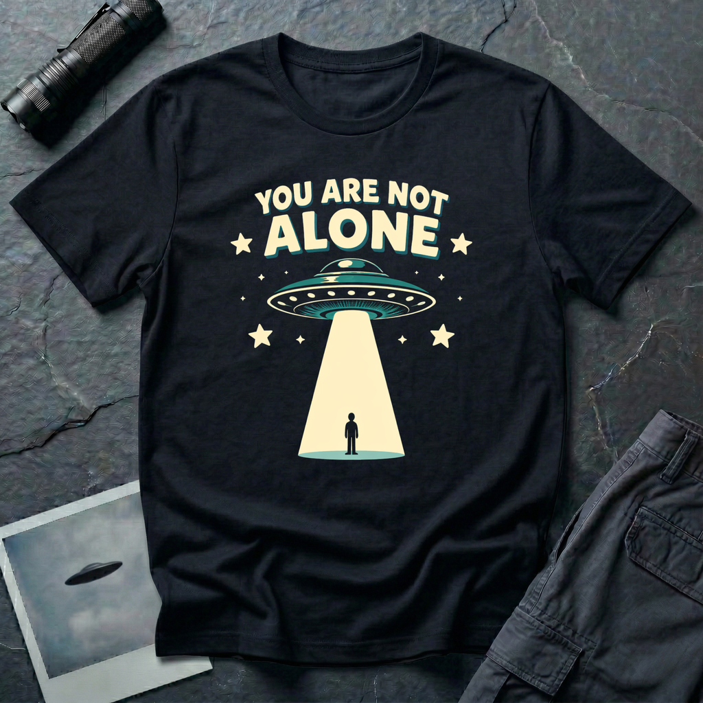 You Are Not Alone friendly UFO t-shirt — retro saucer beaming down on a calm human figure with "You Are Not Alone" text on black cotton tee