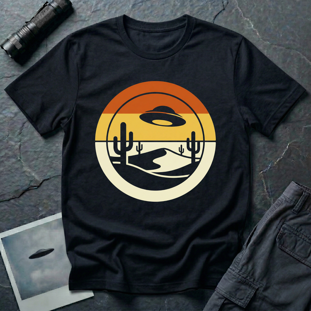 Desert Sun sunset UFO t-shirt — classic flying saucer silhouette over layered retro sunset sky with burnt orange and warm yellow bands, two saguaro cacti and a cream desert dune in a clean circular graphic composition on black cotton tee