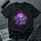Outrun The Disk synthwave UFO t-shirt — chrome saucer across neon grid landscape with wireframe sun and retrowave typography on black cotton tee
