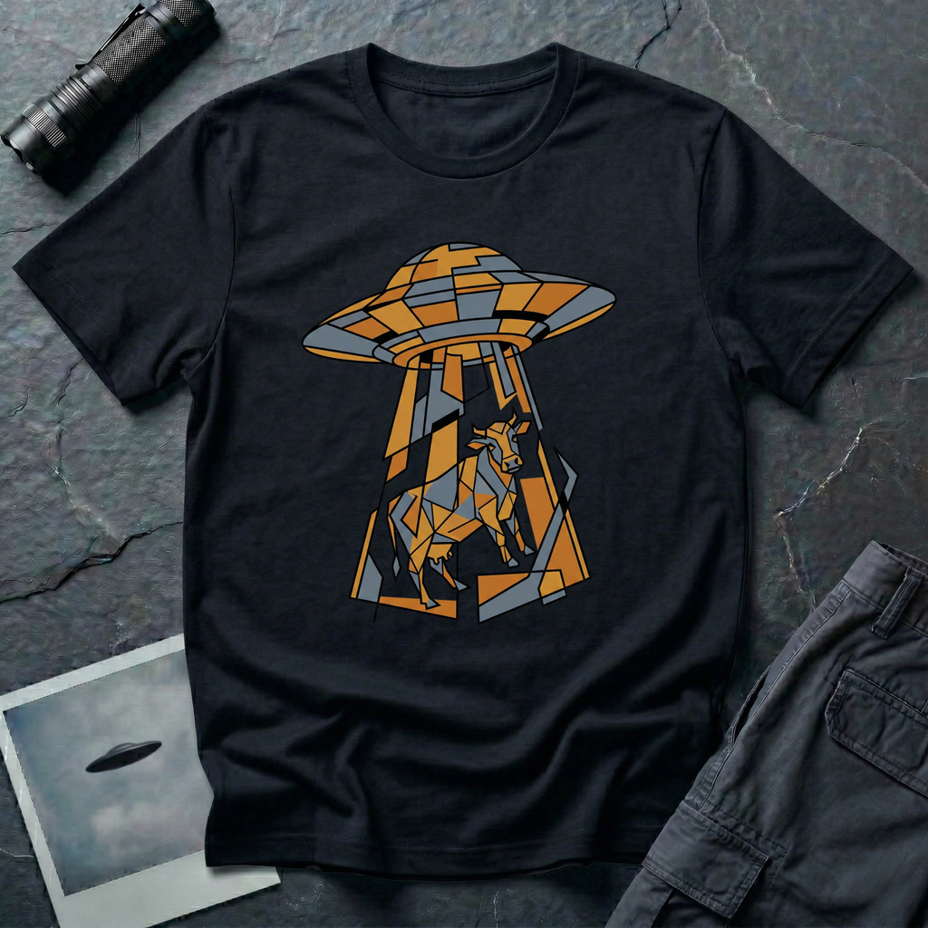 Cubist Cow geometric cow abduction t-shirt — flying saucer and suspended cow rendered in angular faceted planes of orange, grey, and white triangular geometric fragments on black cotton tee