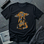 Cubist Cow geometric cow abduction t-shirt — flying saucer and suspended cow rendered in angular faceted planes of orange, grey, and white triangular geometric fragments on black cotton tee